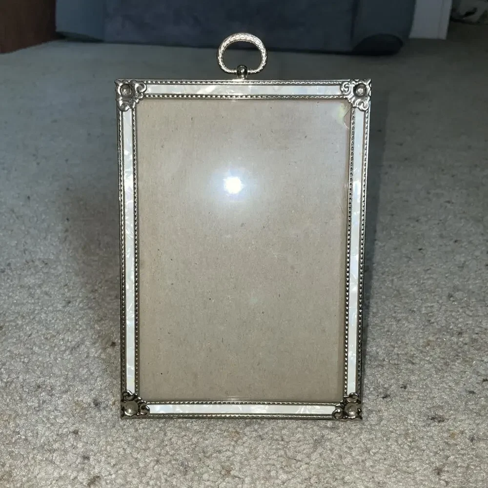 Vintage 5x7 Brass Picture Frame w/ Iridescent Inlay & Ring Hanger